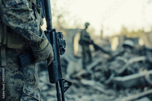 Close-up of soldier holding rifle in urban ruins. photo