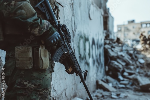 Soldier on war-torn street holding a rifle vigilantly