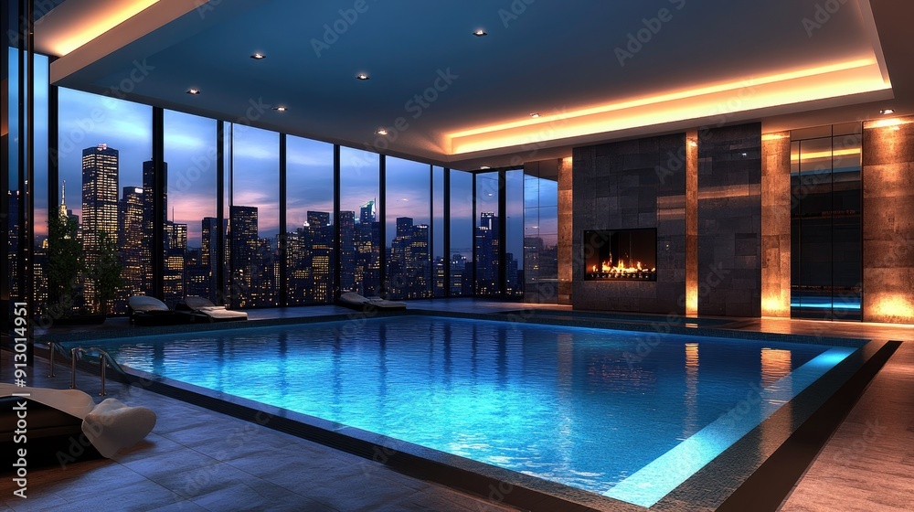 Fototapeta premium Indoor swimming pool with modern lighting and architecture, city skyline in the background. -