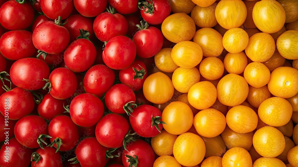 Fresh organic tomatoes in red and yellow, making a vivid and appetizing background.