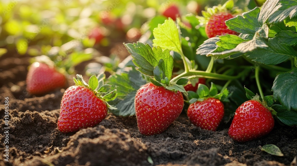 Fresh strawberries in a garden bed, their vibrant red and green leaves highlighted in a close-up shot. Fresh strawberries in a garden bed, their vibrant red and green leaves highlighted in a close-up shot.