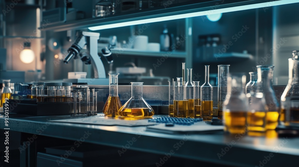 Laboratory setting with empty test tubes and chemical equipment on a workbench. Research-focused environment. Laboratory setting with empty test tubes and chemical equipment on a workbench. Research-focused environment.