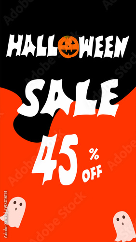 Halloween sale. Black and orange template with illustrated pumpkin. White letter. Ideal vertical size for social media