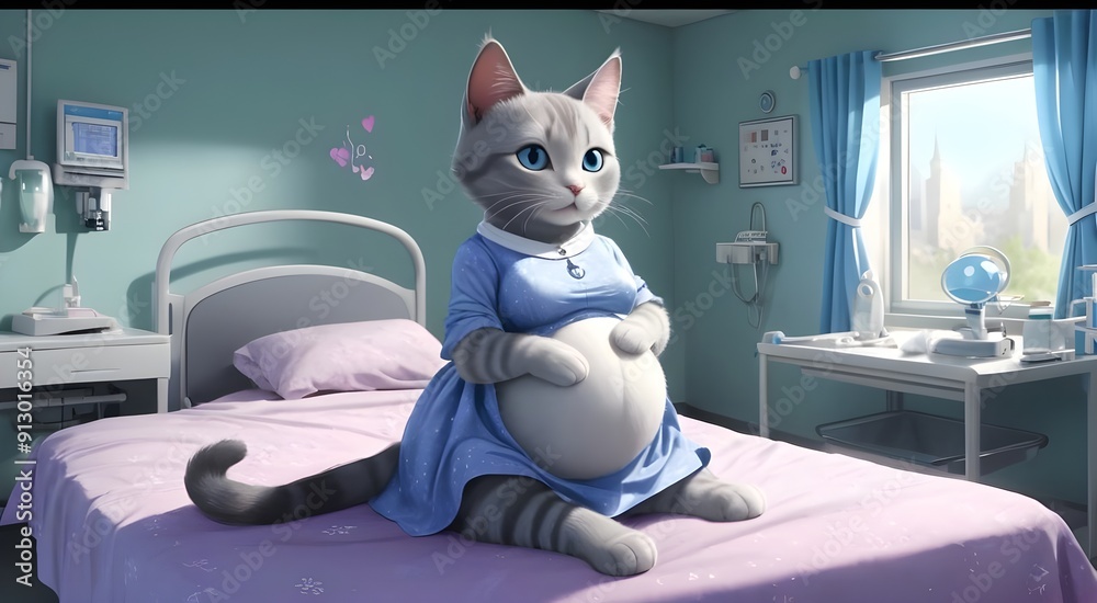 Fototapeta premium cat story, cartoon cat in hospital, animated feline in a veterinary hospital setting