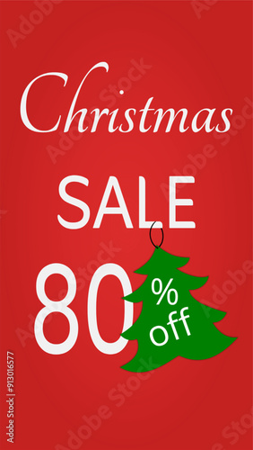 80% off. Card for Christmas promotion. Tree drawing with Christimas Sale description and discount value. Red background