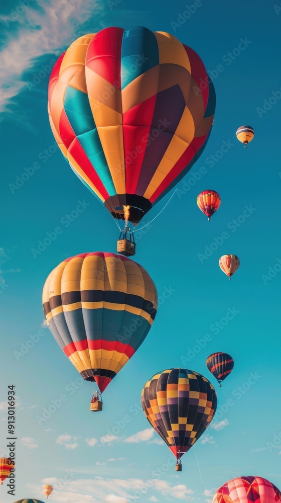 Colorful hot air balloons soar in a blue sky. Colorful hot air balloons soar in a blue sky.