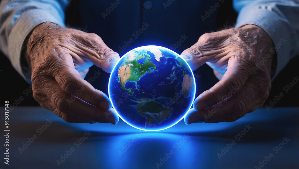 Old wrinkled hands holding world globe, planet earth, eco environmental concept, global connection, save the planet background, template, copy space area