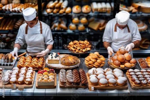 Two bakers in white uniforms and hats are preparing a delightful array of fresh pastries, breads, and confections in a bakery, showcasing the art of baking and culinary creativity.