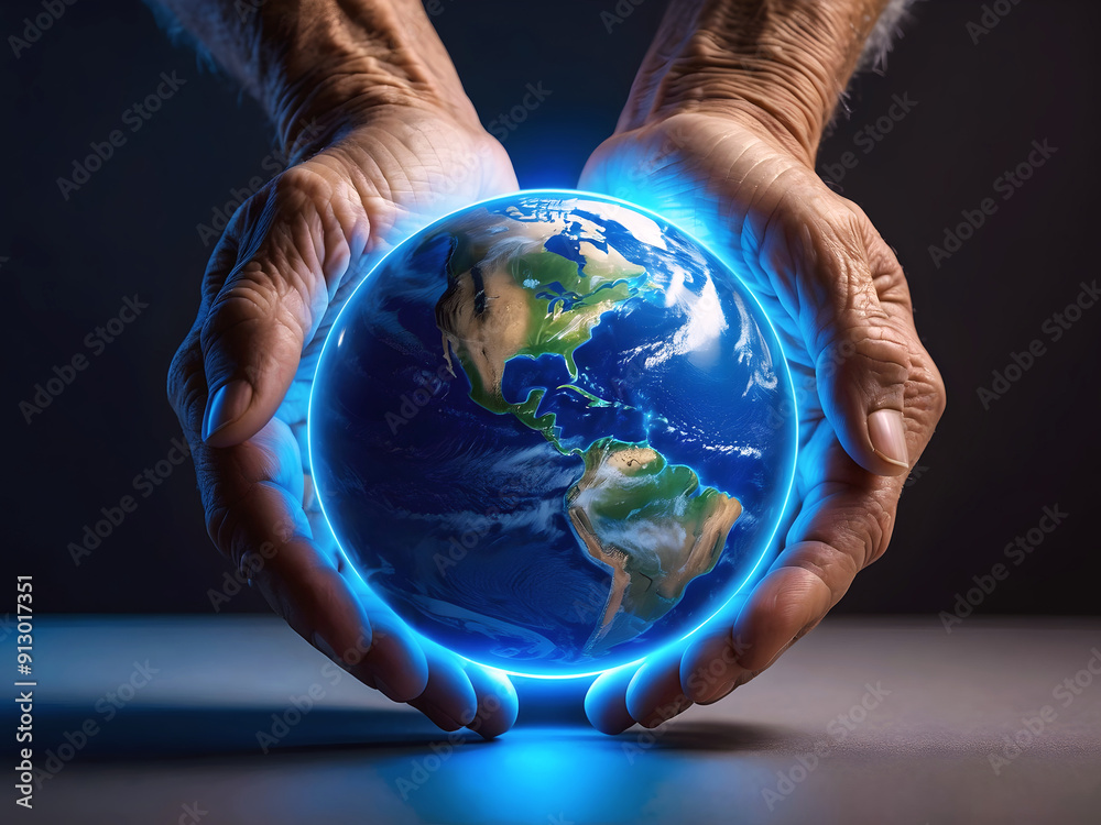 Old wrinkled hands holding world globe, planet earth, eco environmental concept, global connection, save the planet background, template, copy space area