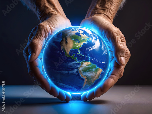 Obraz na płótnie Old wrinkled hands holding world globe, planet earth, eco environmental concept, global connection, save the planet background, template, copy space area w salonie