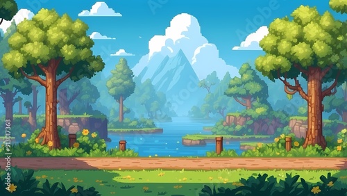 Fotografía Game assets background RPG Gaming Battle Scene Beautiful day in Pixel 8bits 16bi