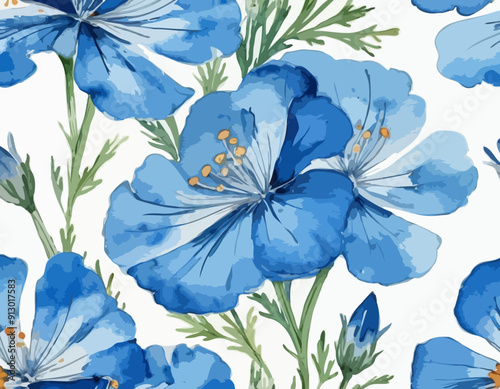 Watercolor style bright blue nemophila flower without line drawing 

