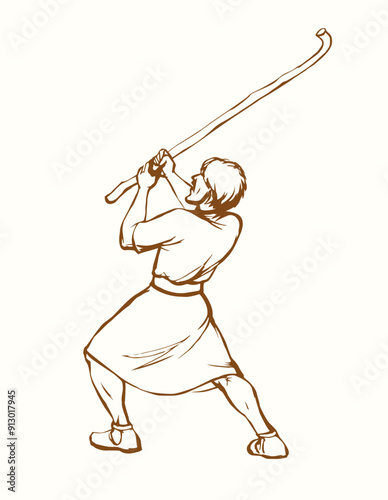 Vector drawing. Man with stick