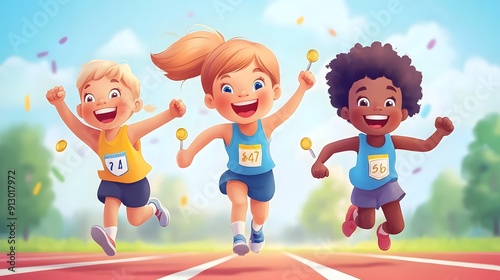 Cartoon kids participating in a school sports day with races medals and cheering