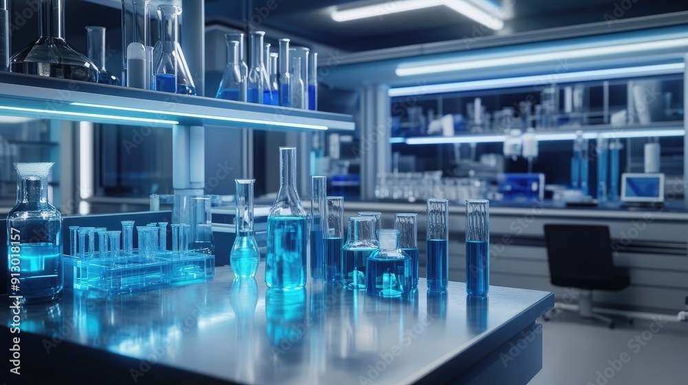 Fototapeta premium Modern lab with chemical tubes and pharmaceutical research tools. Perfect for biochemistry and research technology. -