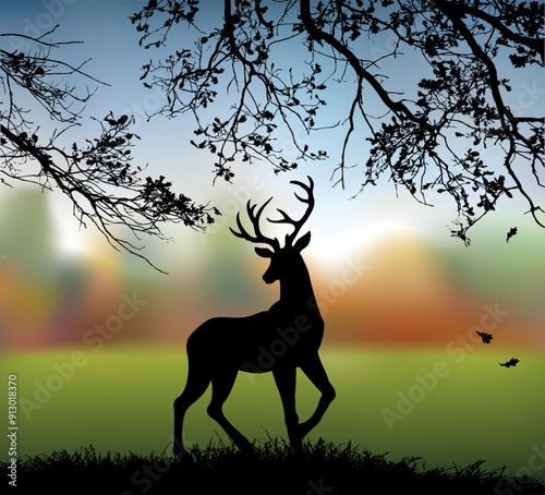Silhouette of deer in the grass by the oaks. Vector drawing