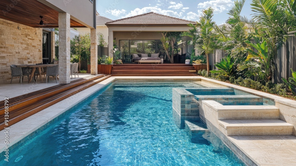 Pool with inviting stairs and a wooden deck, perfect for summer days. Pool with inviting stairs and a wooden deck, perfect for summer days.