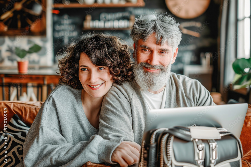 A man and woman are smiling at a computer screen A man and woman are smiling at a computer screen