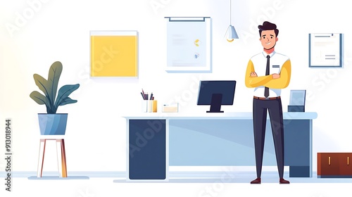 Professional illustration of a compliance officer or manager in business casual attire, set in a modern bank office