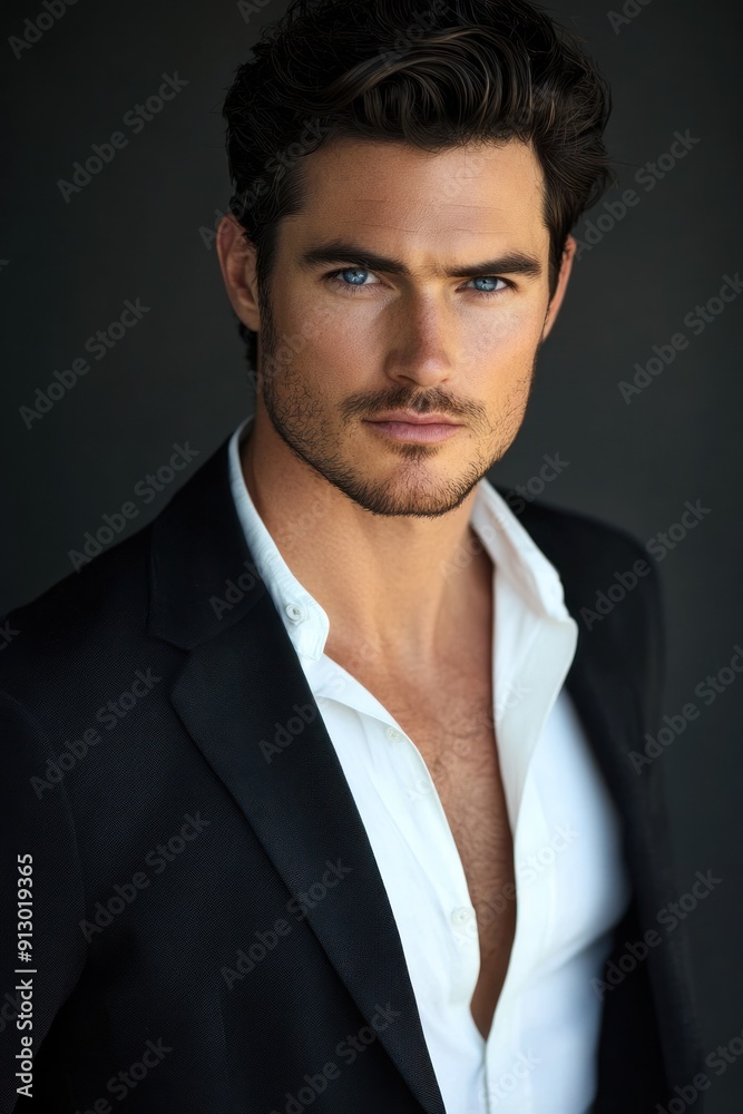 Intense gaze of a man in white shirt and dark jacket. Intense gaze of a man in white shirt and dark jacket.