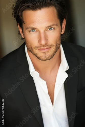 Close-up of man with blue eyes and neatly styled hair.