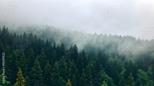 evergreen forest view from overhead fog rolling in looks like the pacific northwest