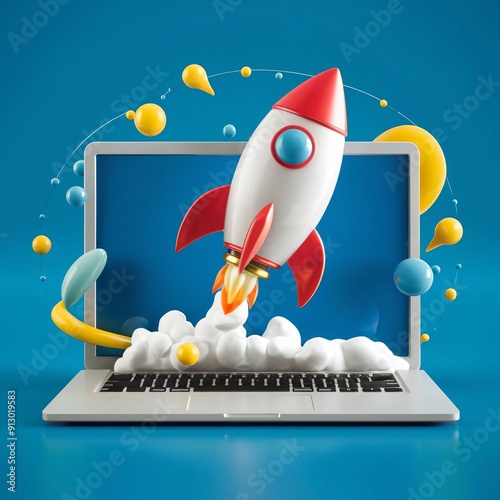 Rocket Coming Out of Laptop Screen Startup Concept_10 Generative AI photo