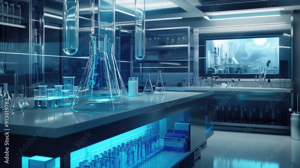 Science laboratory with an array of empty test tubes and chemical equipment. Research-ready environment. Science laboratory with an array of empty test tubes and chemical equipment. Research-ready environment.