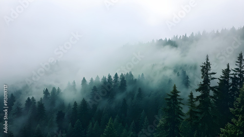 evergreen forest view from overhead fog rolling in looks like the pacific northwest