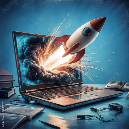 Rocket Coming Out of Laptop Screen Startup Concept_2 Generative AI photo