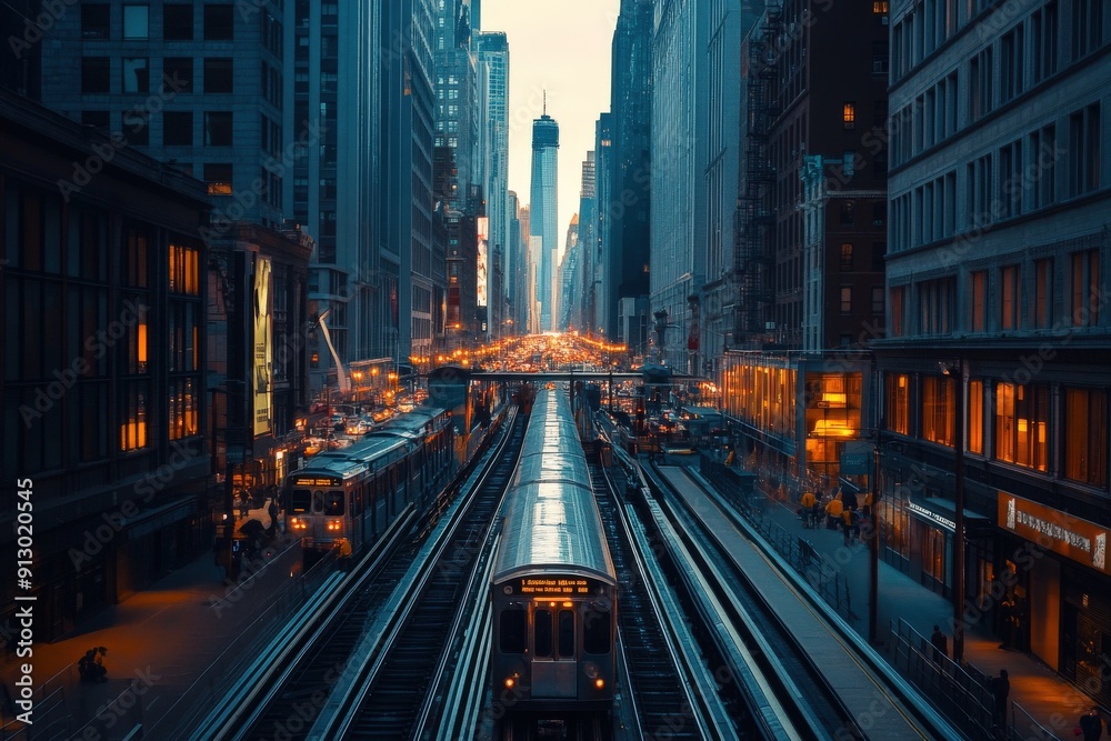 An urban scene capturing a sunset behind towering skyscrapers, with train tracks leading into the city, emphasizing movement, modernity, and the hustle of city life. An urban scene capturing a sunset behind towering skyscrapers, with train tracks leading into the city, emphasizing movement, modernity, and the hustle of city life.