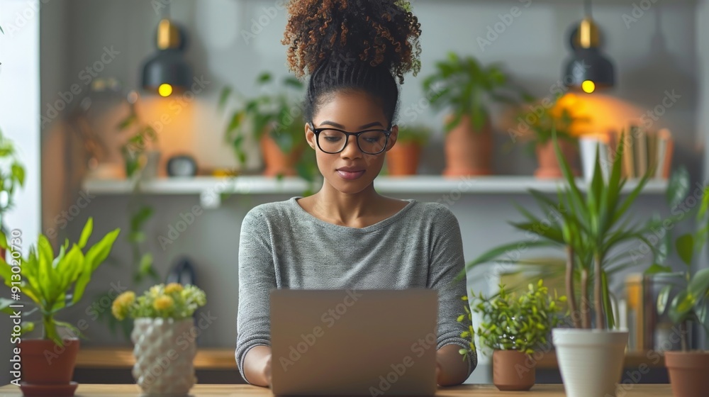 Focused Woman Working on Laptop in a Green Home Office Focused Woman Working on Laptop in a Green Home Office