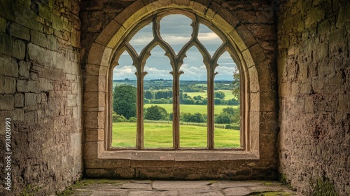 Intricately designed arched window in a historic stone building  with a picturesque countryside view.