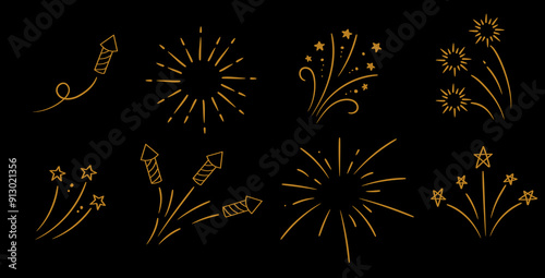 Golden fireworks and stars hand drawn decor elements collection. Doodle sketch on black background. Linear vector explosions set.