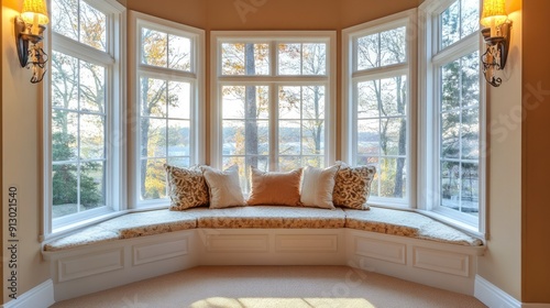 Inviting window seat in a large bay window, providing a peaceful spot for rest and reflection.