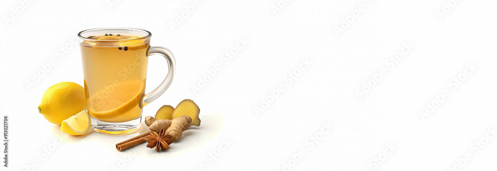 Fresh ginger roots, lemon, cinnamon sticks and a cup of tea, on a white background. AI generation Fresh ginger roots, lemon, cinnamon sticks and a cup of tea, on a white background. AI generation