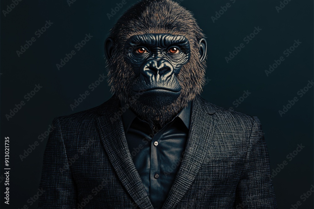 A gorilla dressed in a black suit looks thoughtfully at the viewer A gorilla dressed in a black suit looks thoughtfully at the viewer