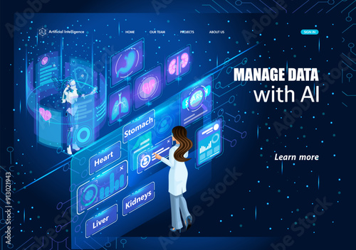 Artificial intelligence is isometric. A female doctor makes a request to artificial intelligence about the patient card and looks through the tests. Manage data with AI