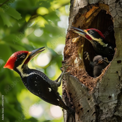 Woodpecker feeding chick in tree hollow. photo