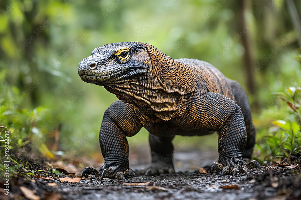 A Komodo dragon walking through a forest path. A Komodo dragon walking through a forest path.