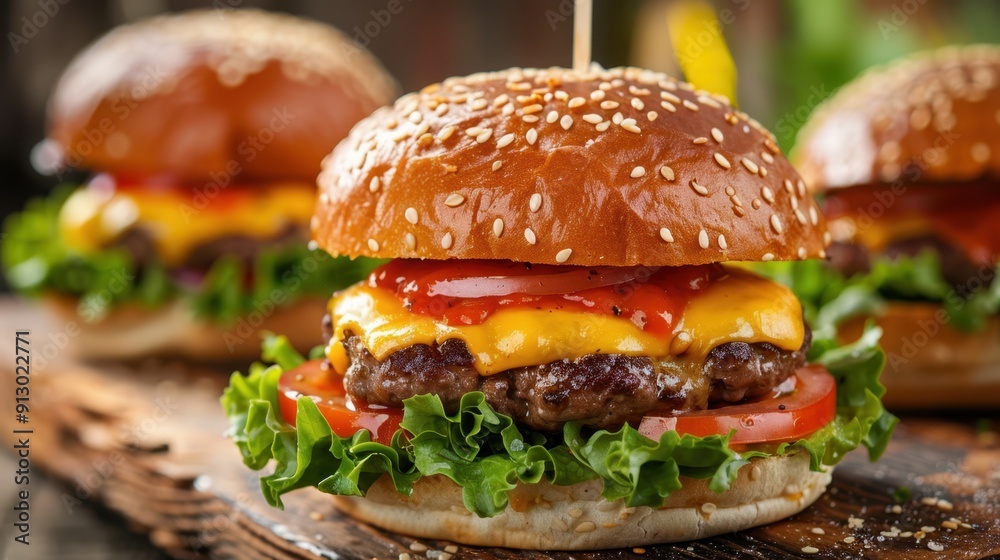 The Cheeseburger on Wooden Board