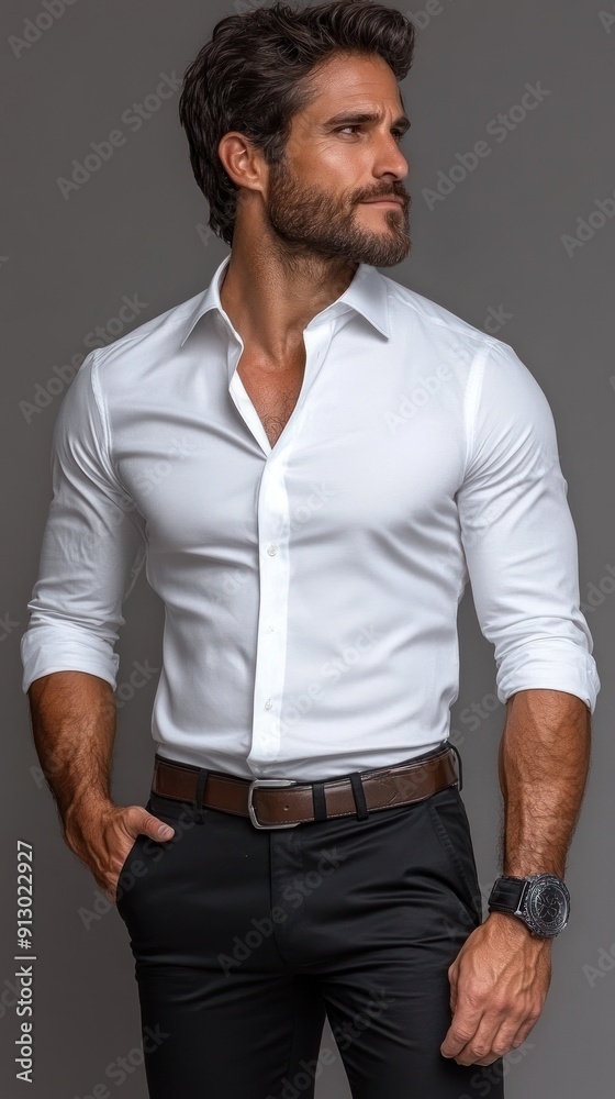 Man in white shirt with rolled sleeves, looking sideways