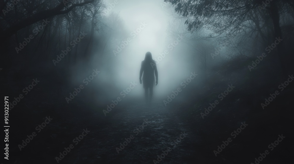 Mysterious silhouette walking in foggy at dusk