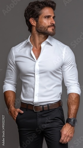 Obraz na płótnie Man in white shirt with rolled sleeves, looking sideways w salonie