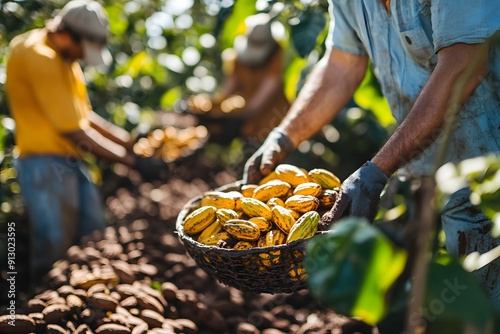 Farmers harvesting cocoa beans.