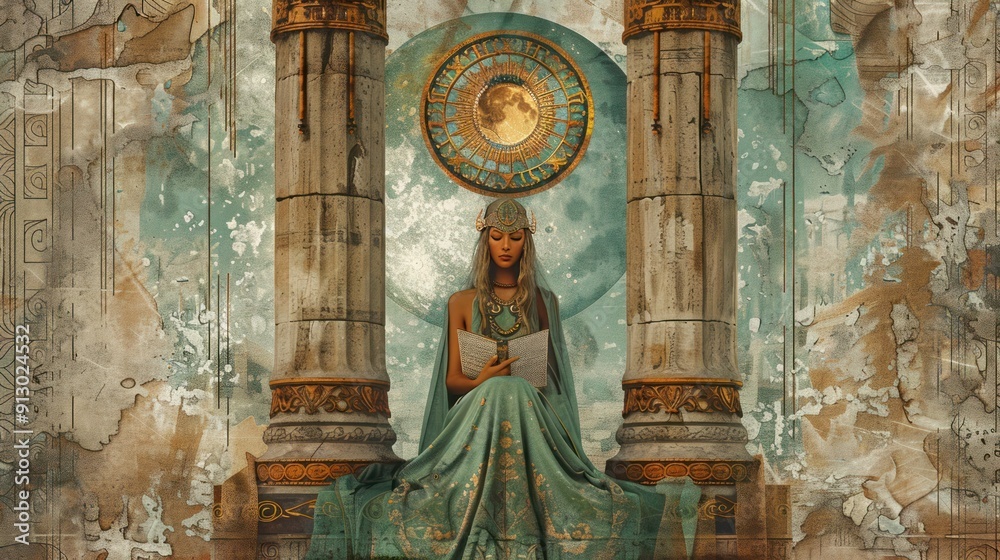 Obraz premium Symbolism Art Style of Tarot Card of the High Priestess, Mystical High Priestess in Ancient Temple - Symbolism Art Depicting Spiritual Wisdom and Mystical Knowledge