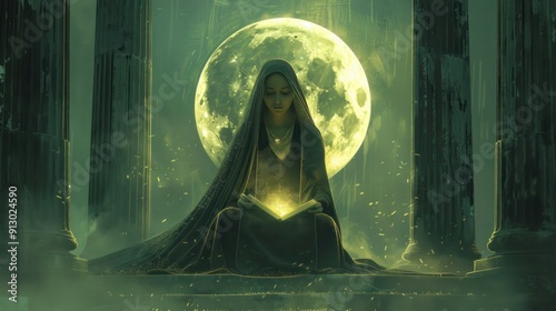 Symbolism Art Style of Tarot Card of the High Priestess,, Enigmatic High Priestess in Mystical Setting with Full Moon and Ancient Columns, Symbolism Art Concept