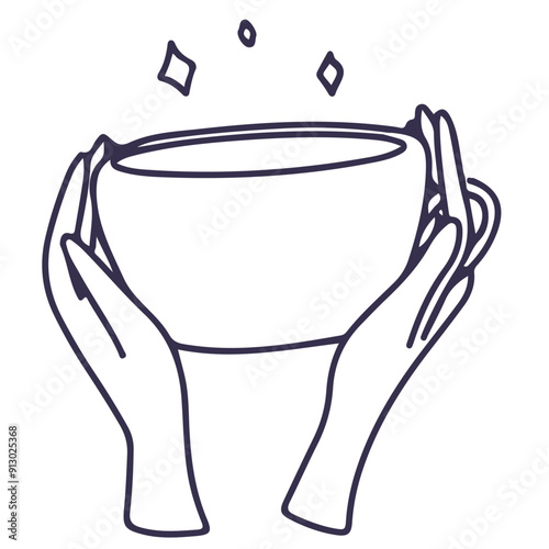 Line illustration of hands holding white cup. The fingers are wrapped around warm drink.