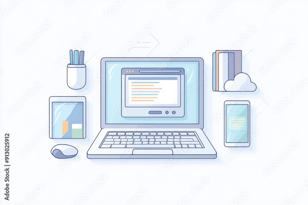 A laptop with a coding screen, surrounded by a smartphone, a mouse, a keyboard, a tablet, a server, and a cloud icon. A laptop with a coding screen, surrounded by a smartphone, a mouse, a keyboard, a tablet, a server, and a cloud icon.
