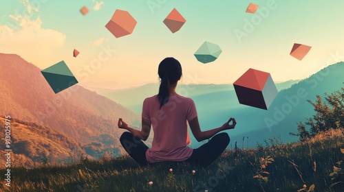 A woman meditating in nature surrounded by floating geometric shapes, understanding and harmony with the environment photo